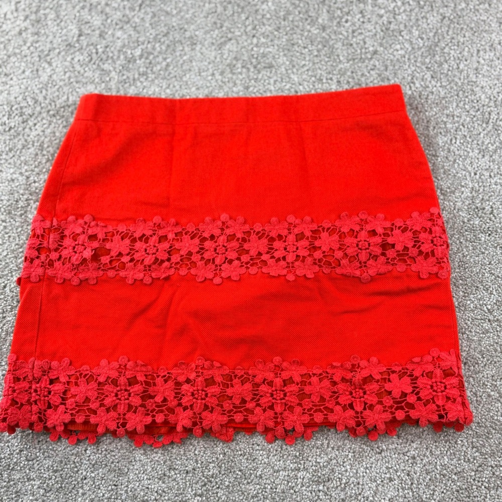 J.Crew Mini Skirt Size 6 Red Floral Crochet Lace Trim Cotton A4134 Casual Summer